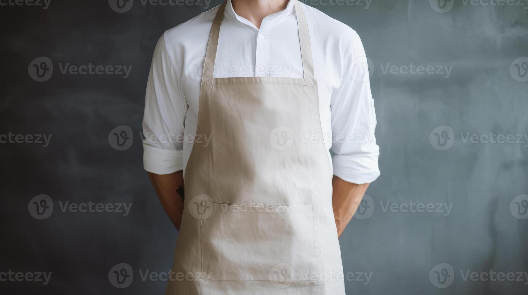 Man wearing beige linen apron mock up in the modern kitchen, chef uniform for cooking photo