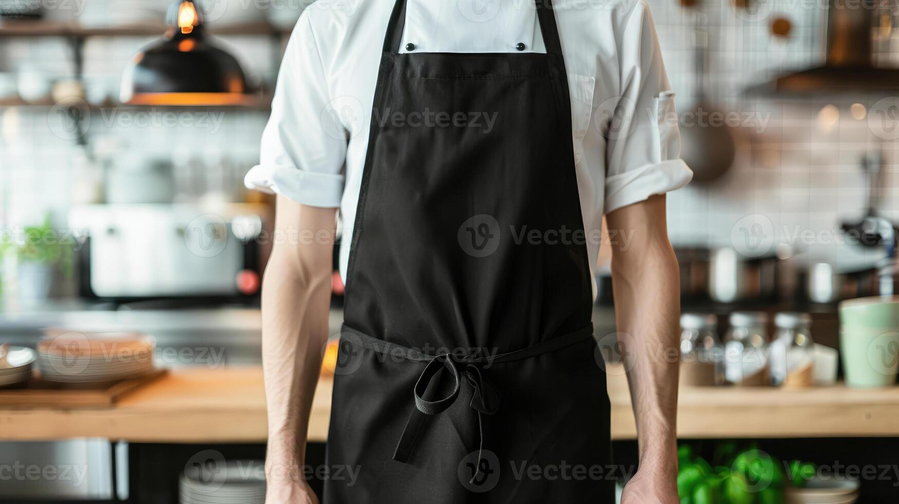 Man wearing black apron mock up in the modern kitchen, chef uniform for cooking photo