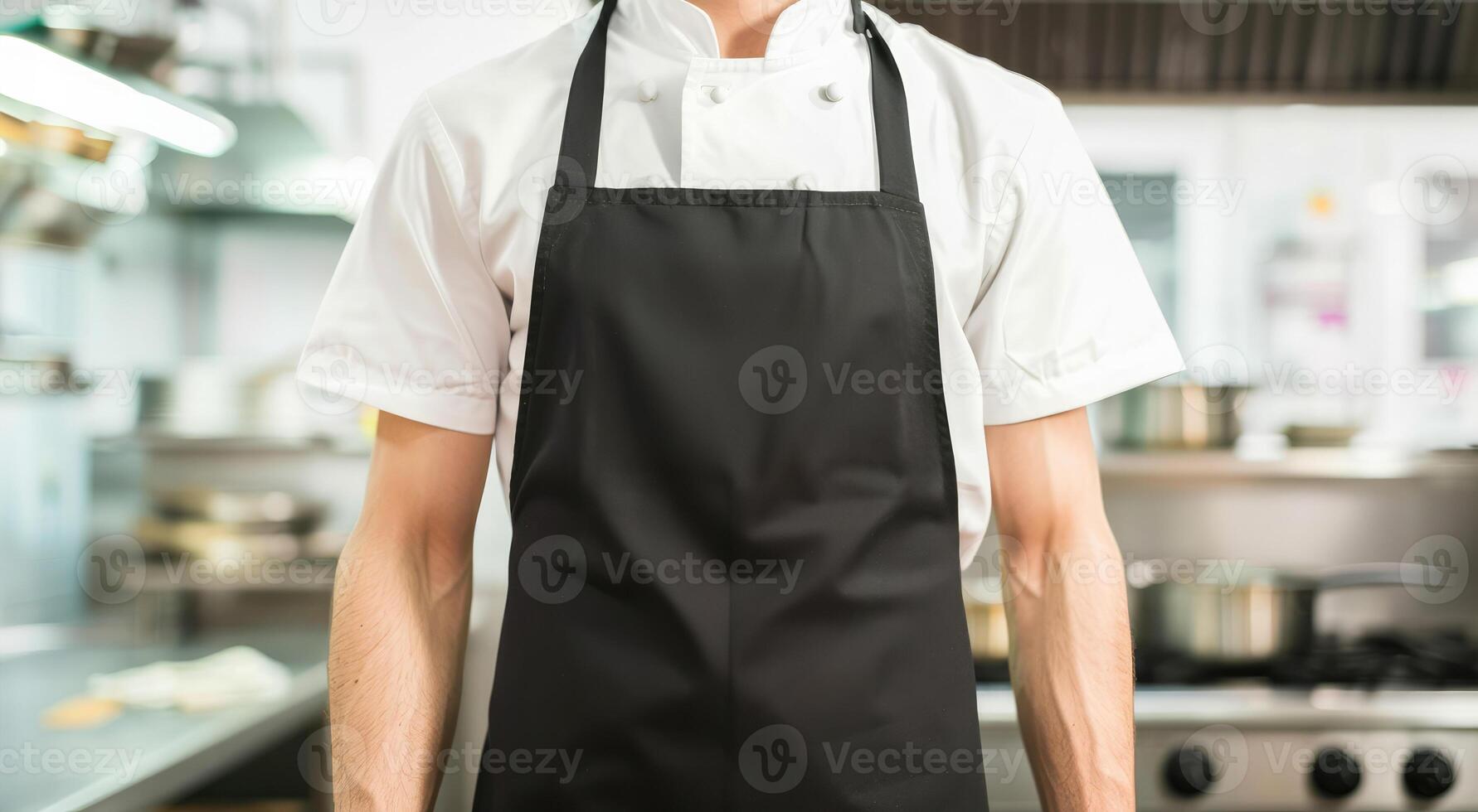 Man wearing black apron mock up in the modern kitchen, chef uniform for cooking photo