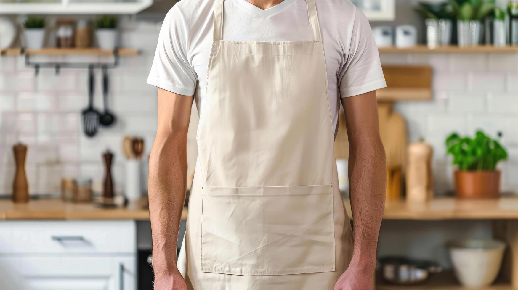 Man wearing beige linen apron mock up in the modern kitchen, chef uniform for cooking photo