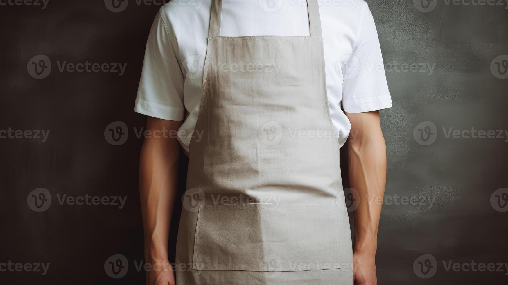 Man wearing beige linen apron mock up in the modern kitchen, chef uniform for cooking photo