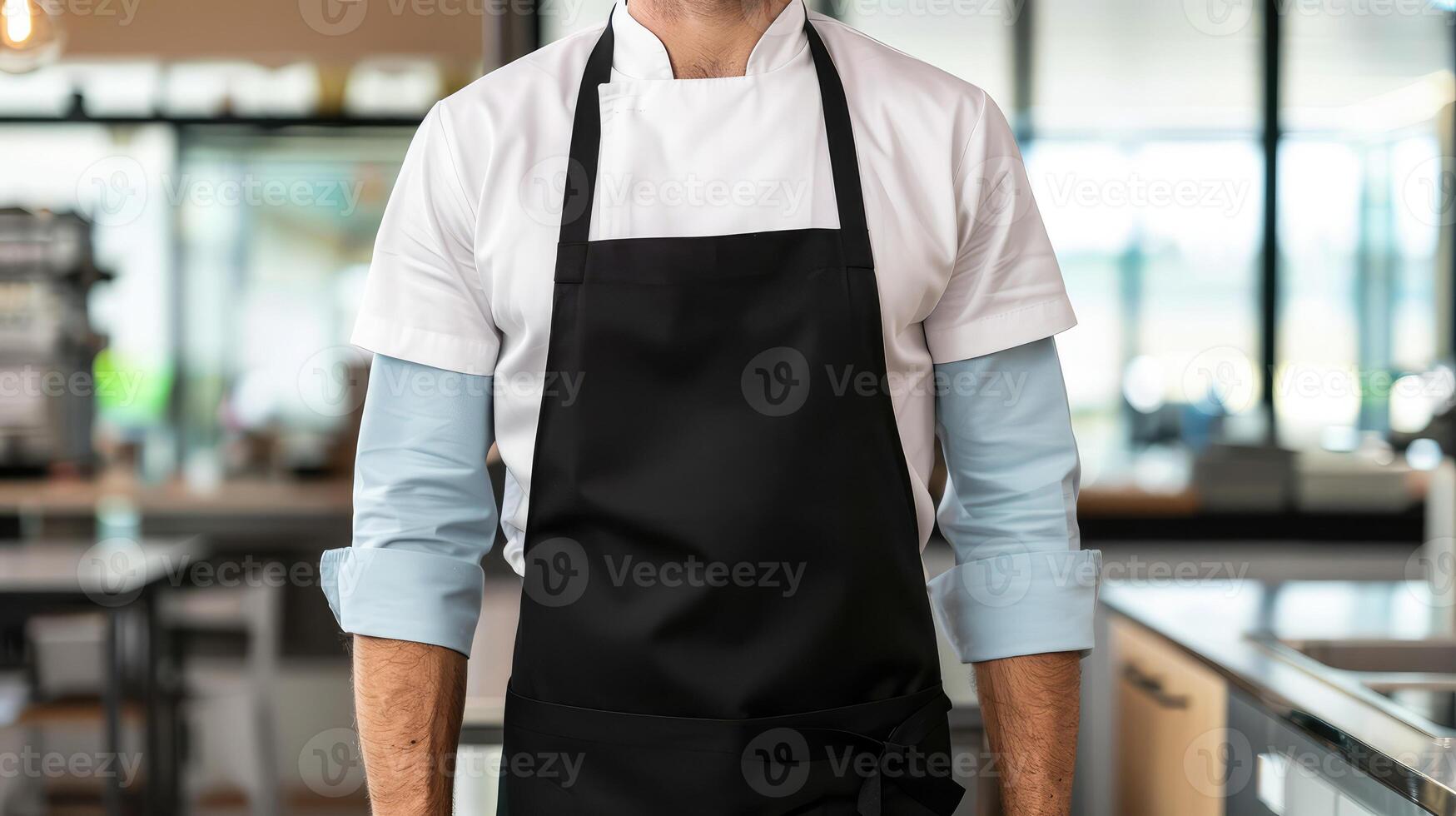 Man wearing black apron mock up in the modern kitchen, chef uniform for cooking photo