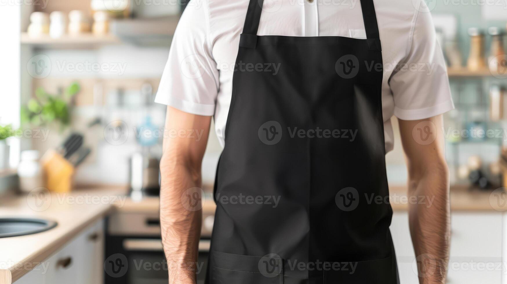 Man wearing black apron mock up in the modern kitchen, chef uniform for cooking photo