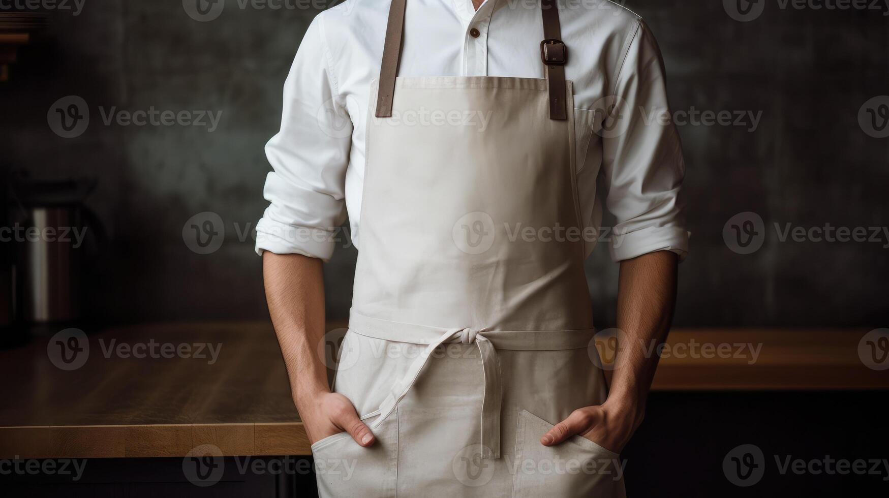 Man wearing beige linen apron mock up in the modern kitchen, chef uniform for cooking photo