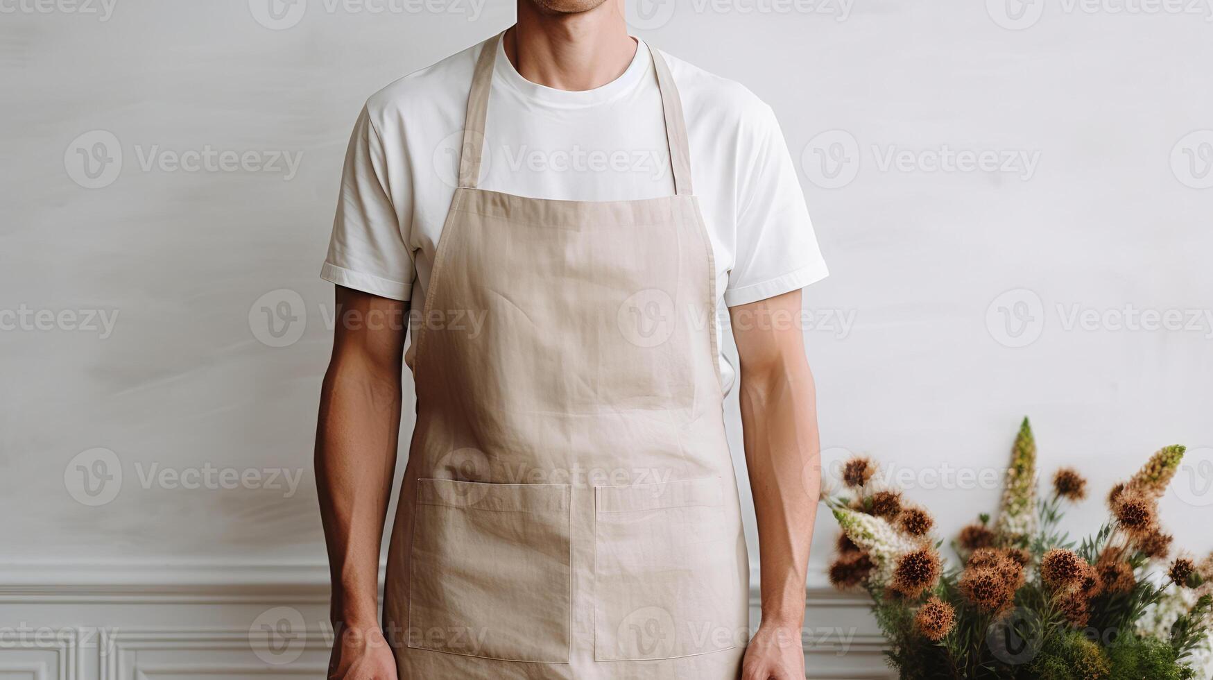 Man wearing beige linen apron mock up in the modern kitchen, chef uniform for cooking photo