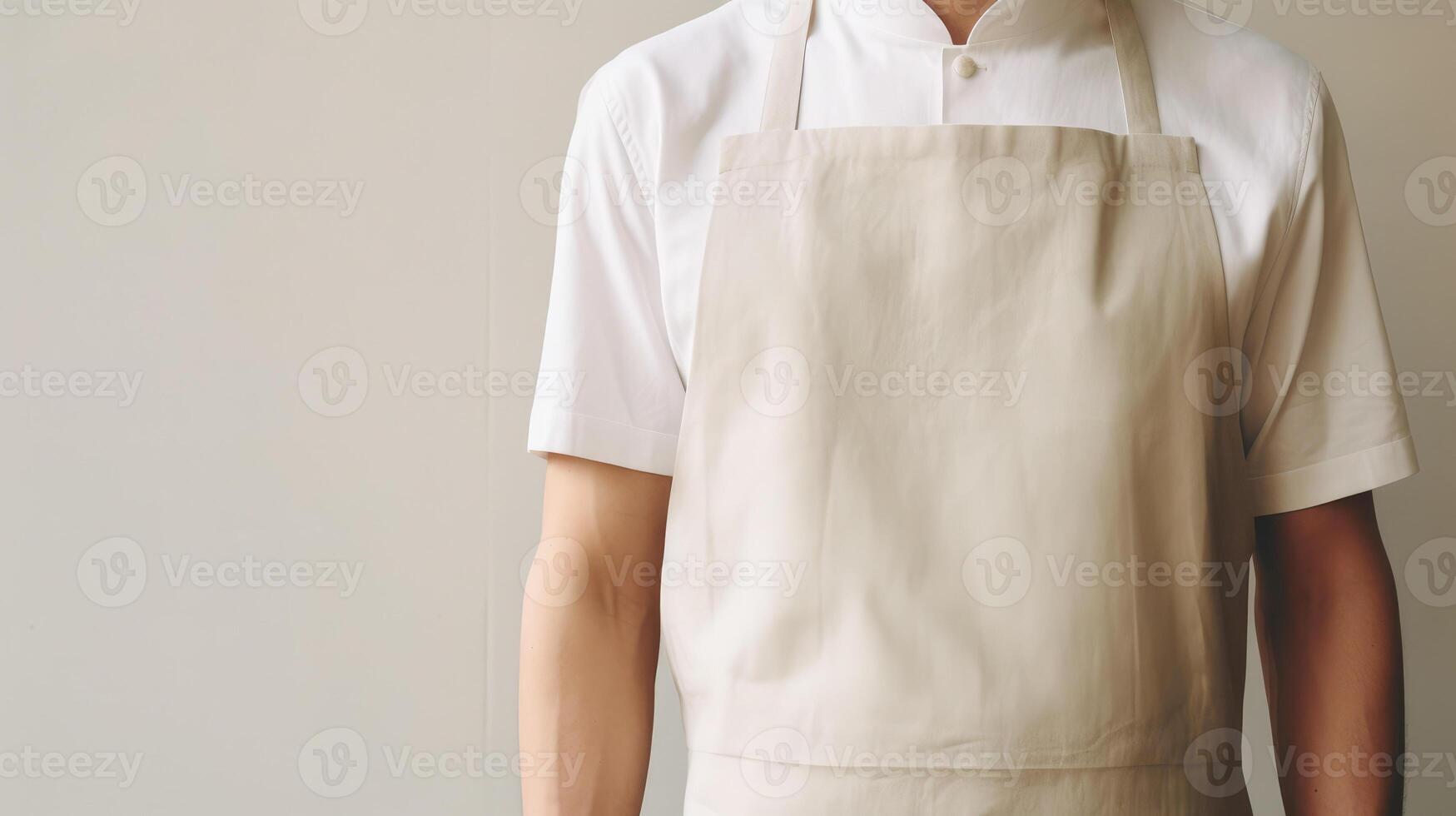 Man wearing beige linen apron mock up in the modern kitchen, chef uniform for cooking photo