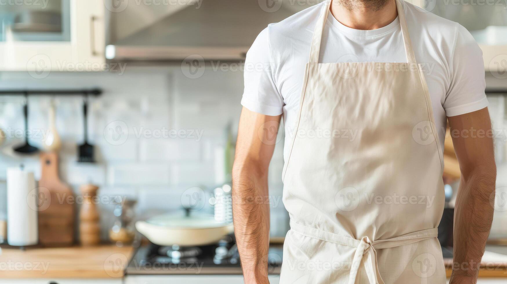 Man wearing beige linen apron mock up in the modern kitchen, chef uniform for cooking photo