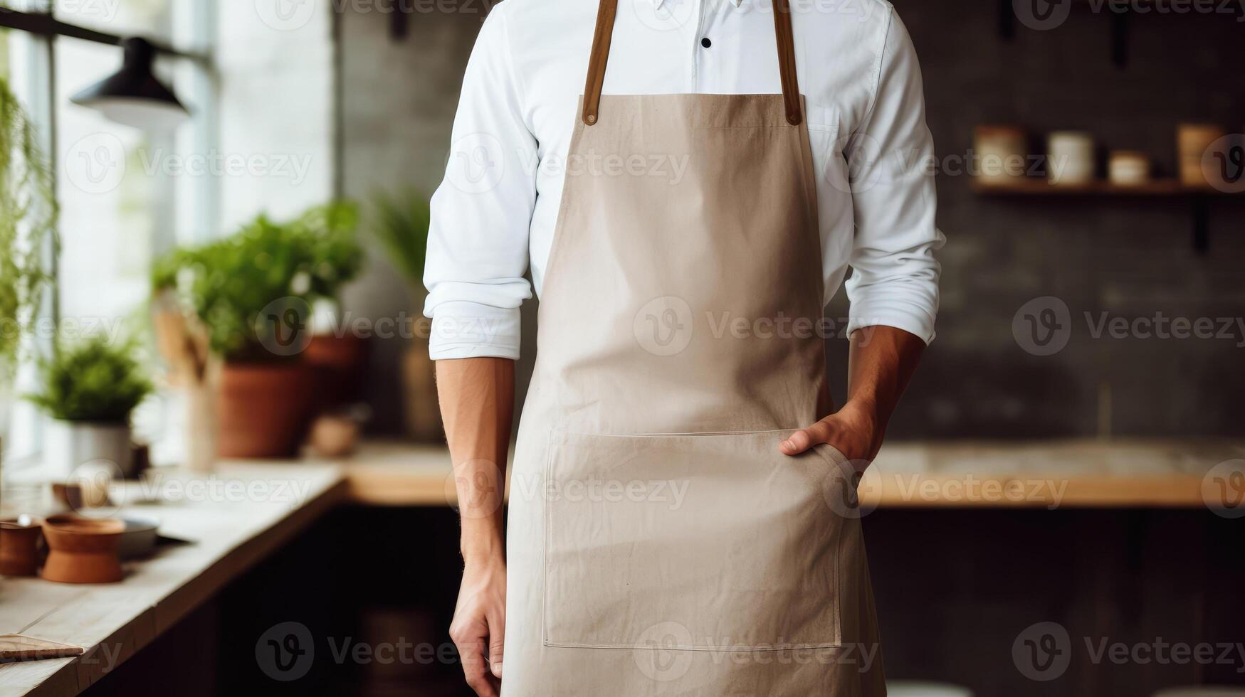 Man wearing beige linen apron mock up in the modern kitchen, chef uniform for cooking photo