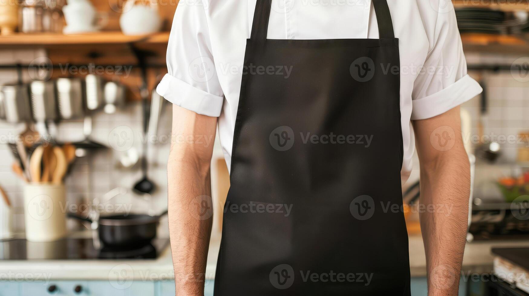 Man wearing black apron mock up in the modern kitchen, chef uniform for cooking photo