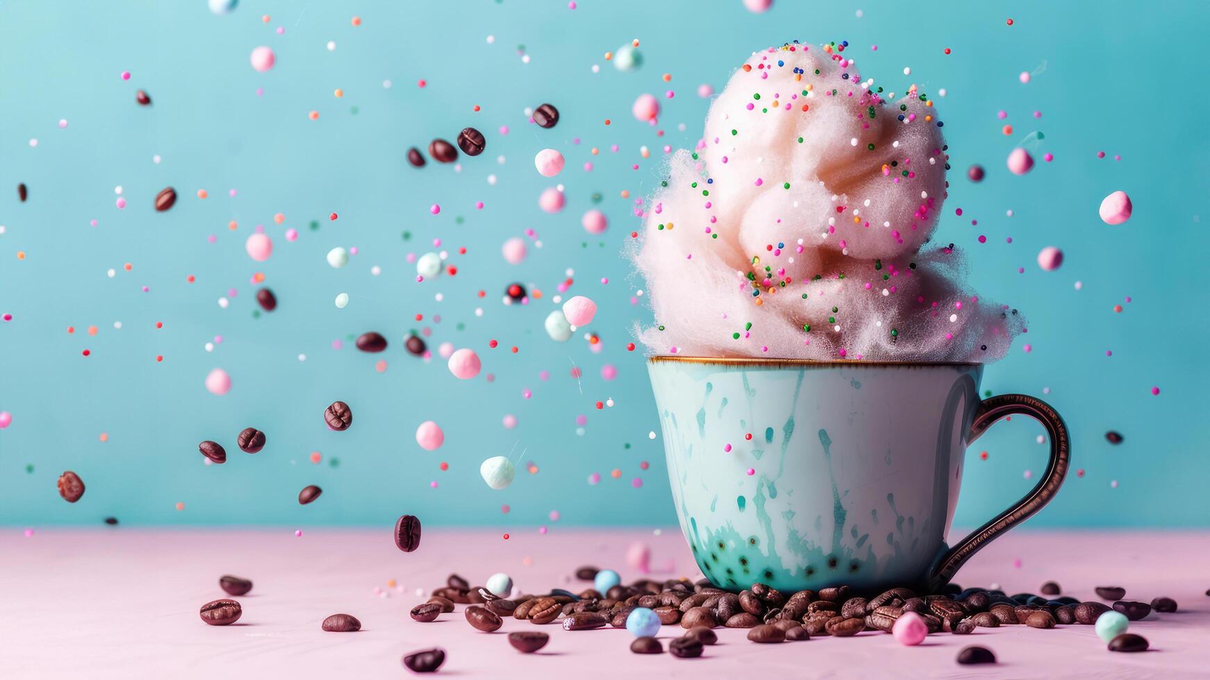 A whimsical coffee cup topped with fluffy pink cotton candy delights the senses. This playful, pastel treat offers a unique and photogenic cafe experience. Enjoy a creative, sugary beverage that stand photo