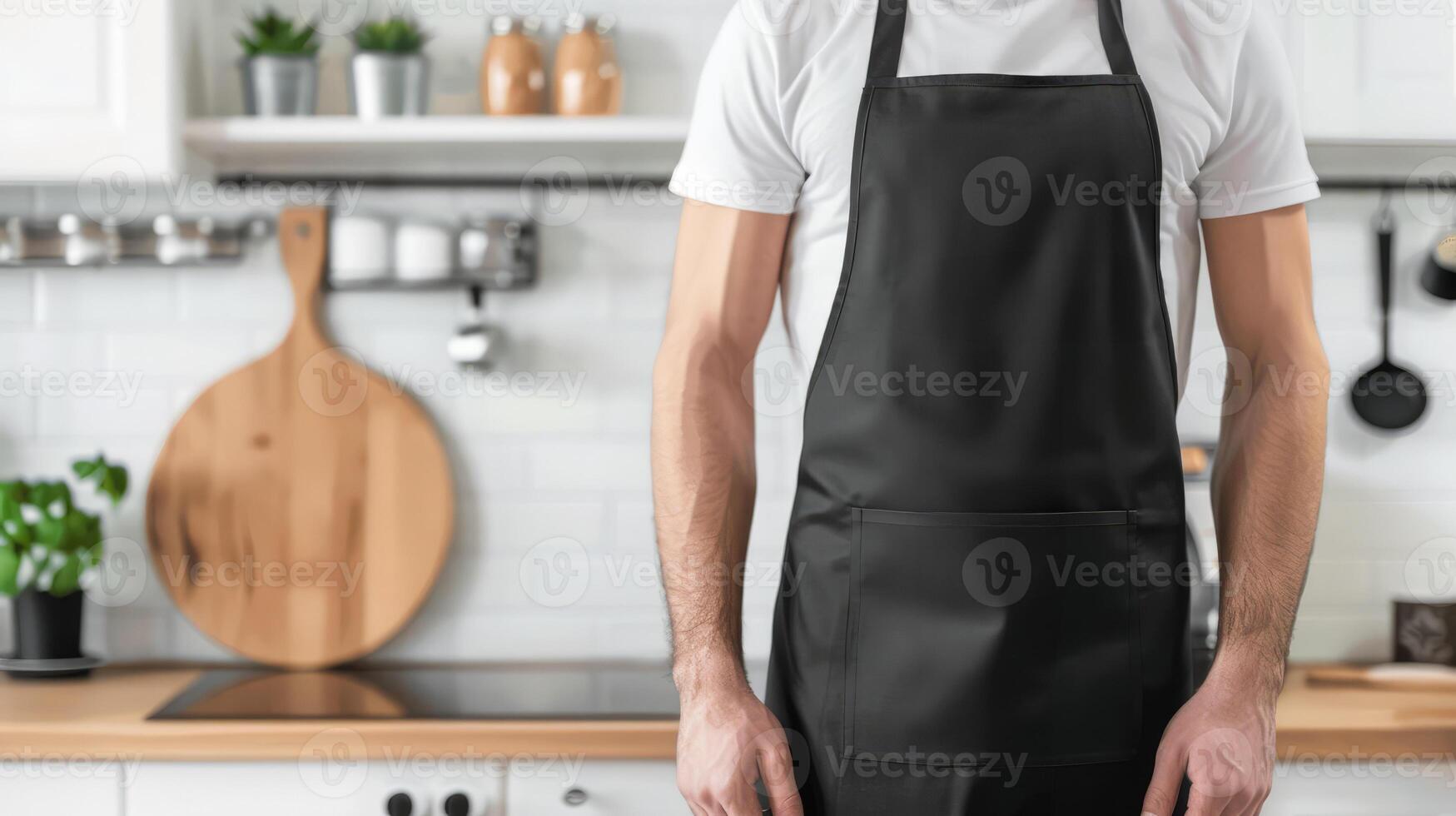 Man wearing black apron mock up in the modern kitchen, chef uniform for cooking photo