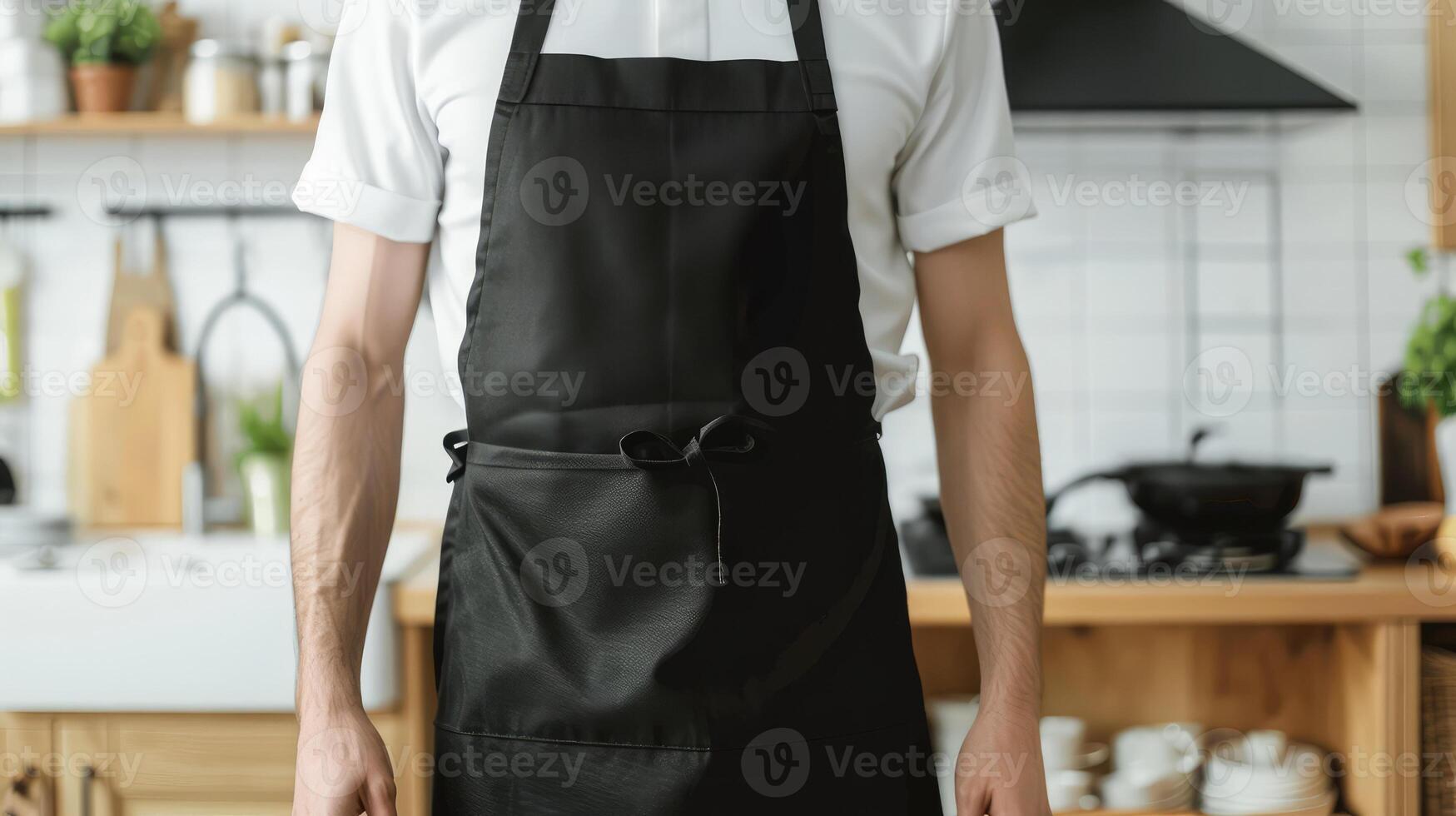 Man wearing black apron mock up in the modern kitchen, chef uniform for cooking photo