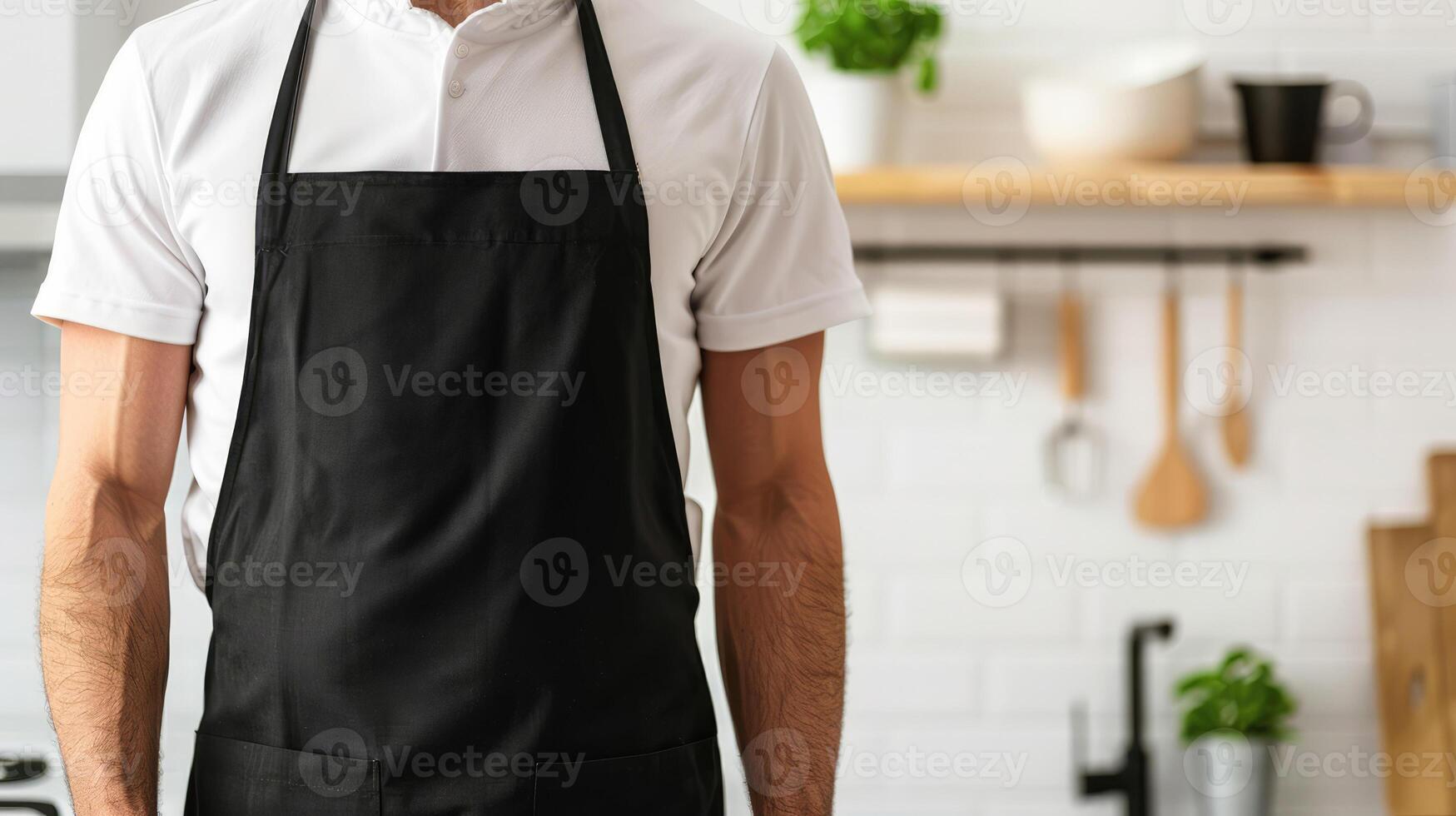 Man wearing black apron mock up in the modern kitchen, chef uniform for cooking photo