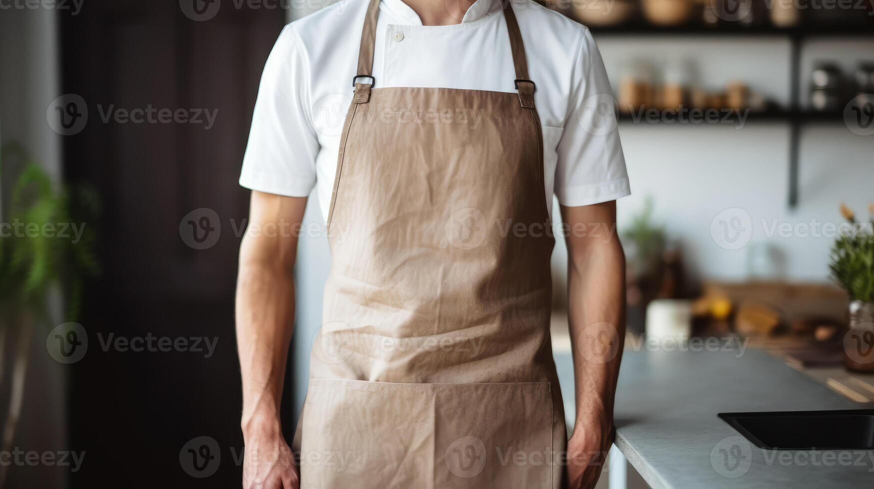 Man wearing beige linen apron mock up in the modern kitchen, chef uniform for cooking photo