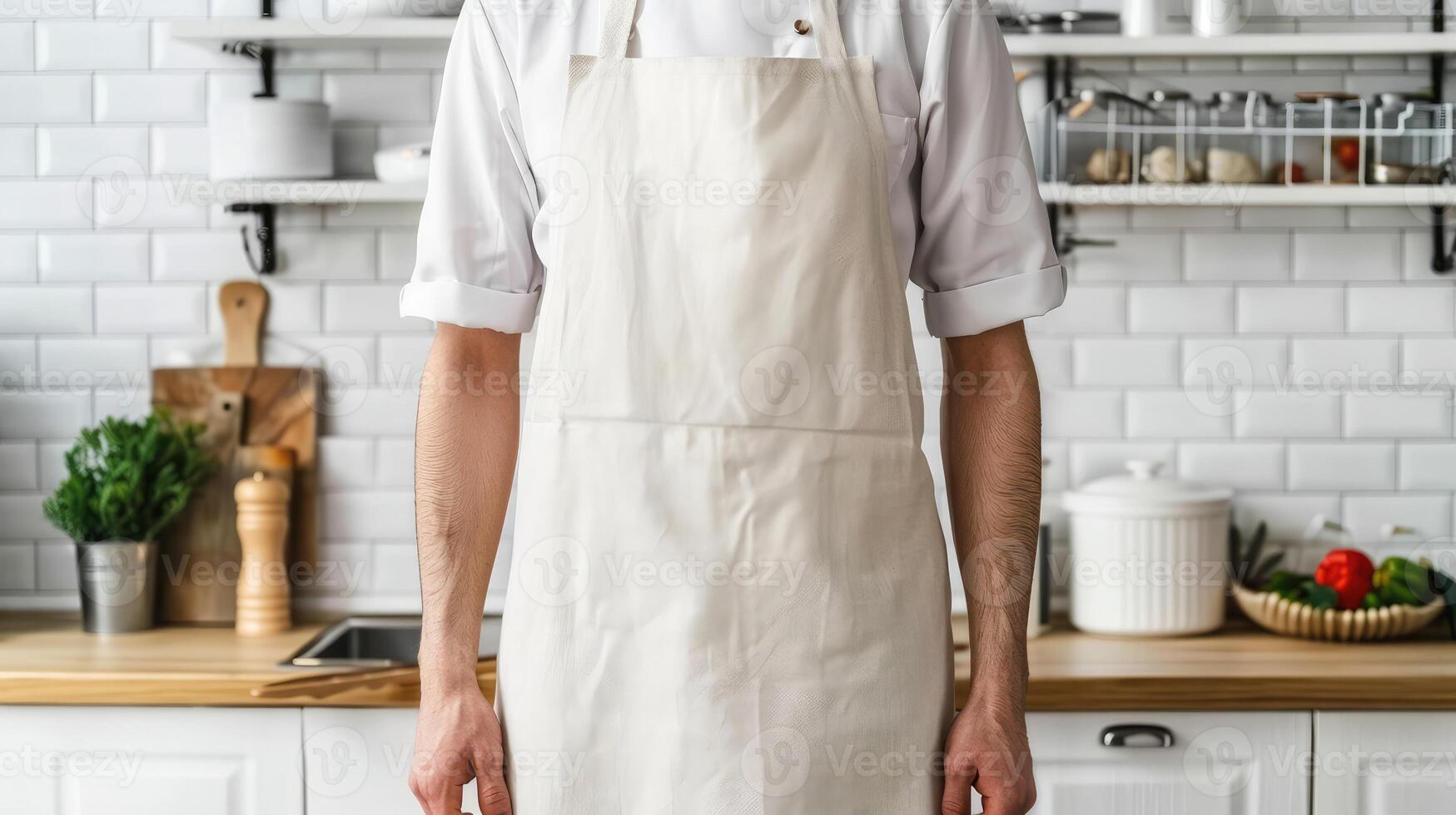 Man wearing beige linen apron mock up in the modern kitchen, chef uniform for cooking photo