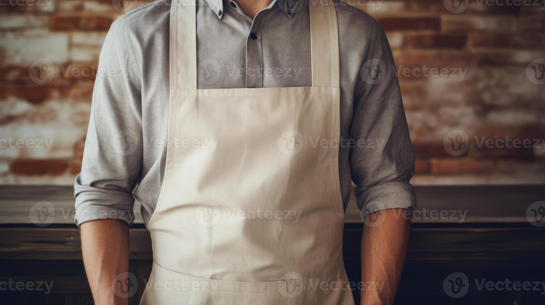 Man wearing beige linen apron mock up in the modern kitchen, chef uniform for cooking photo