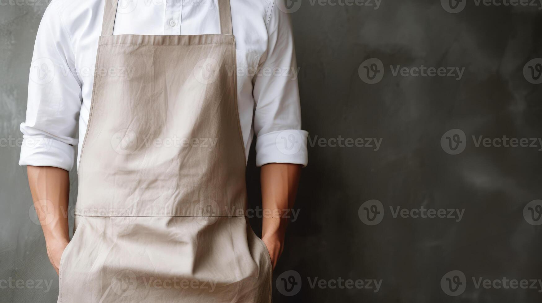 Man wearing beige linen apron mock up in the modern kitchen, chef uniform for cooking photo