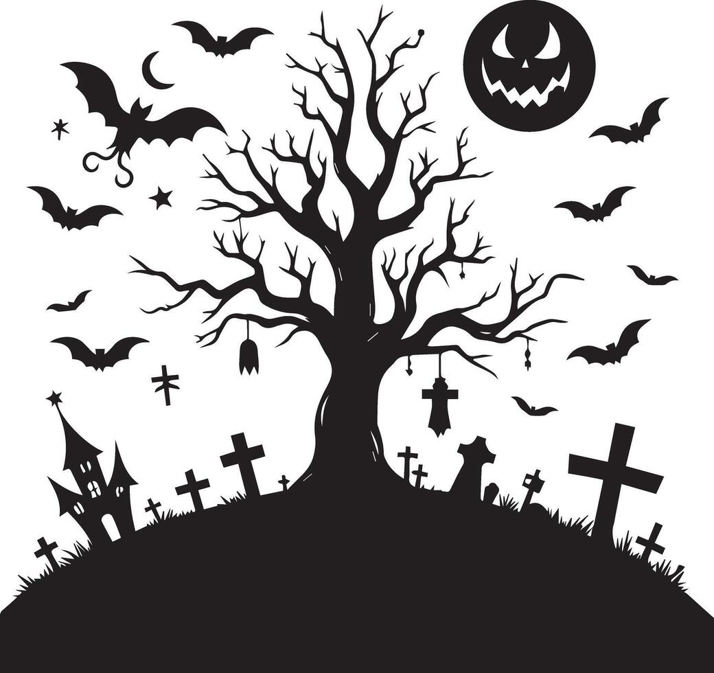 Silhouette Black And White Halloween Tree Draw With Flat Background vector