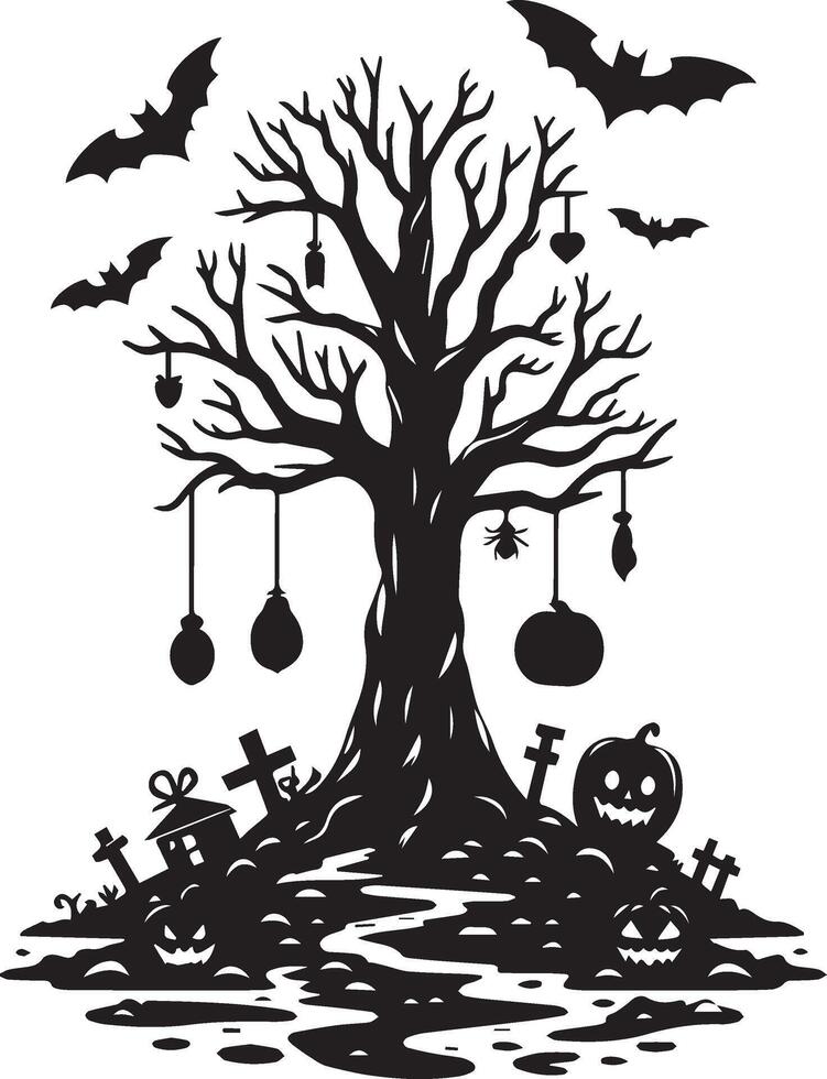 Simple Halloween Tree Design Black And White vector