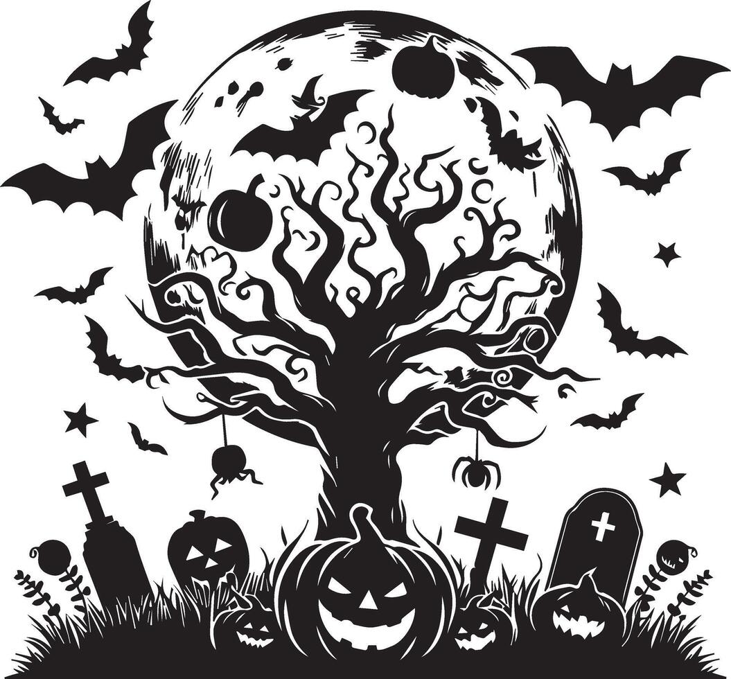 Silhouette Black And White Halloween Tree Design vector