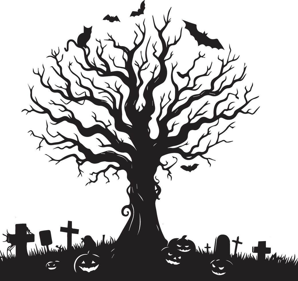 Silhouette Black And White Halloween Tree Draw Design vector