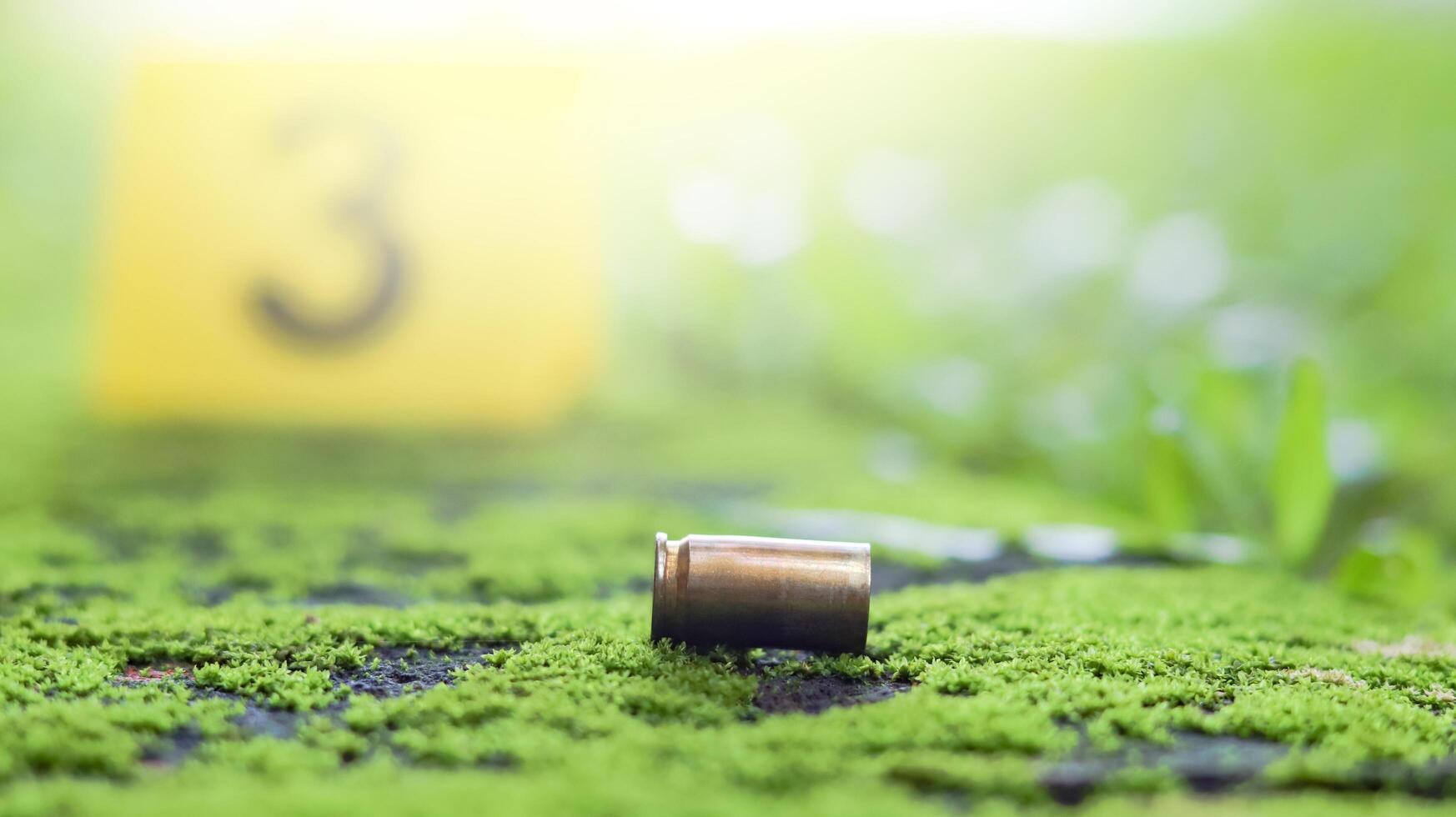 Empty bullet casing on a mossy surface, with a blurred black number 3 in the background, evoking the concept of crime scene investigation and unraveling mysteries. photo