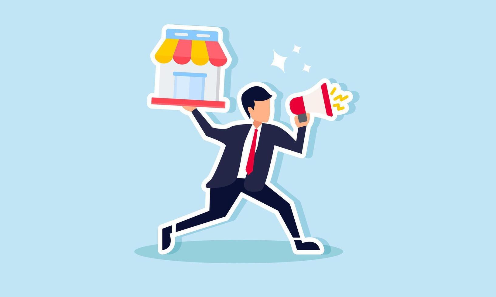 A businessman promoting a store using a megaphone, illustrating market promotion to attract target customers to the appeal of our products vector