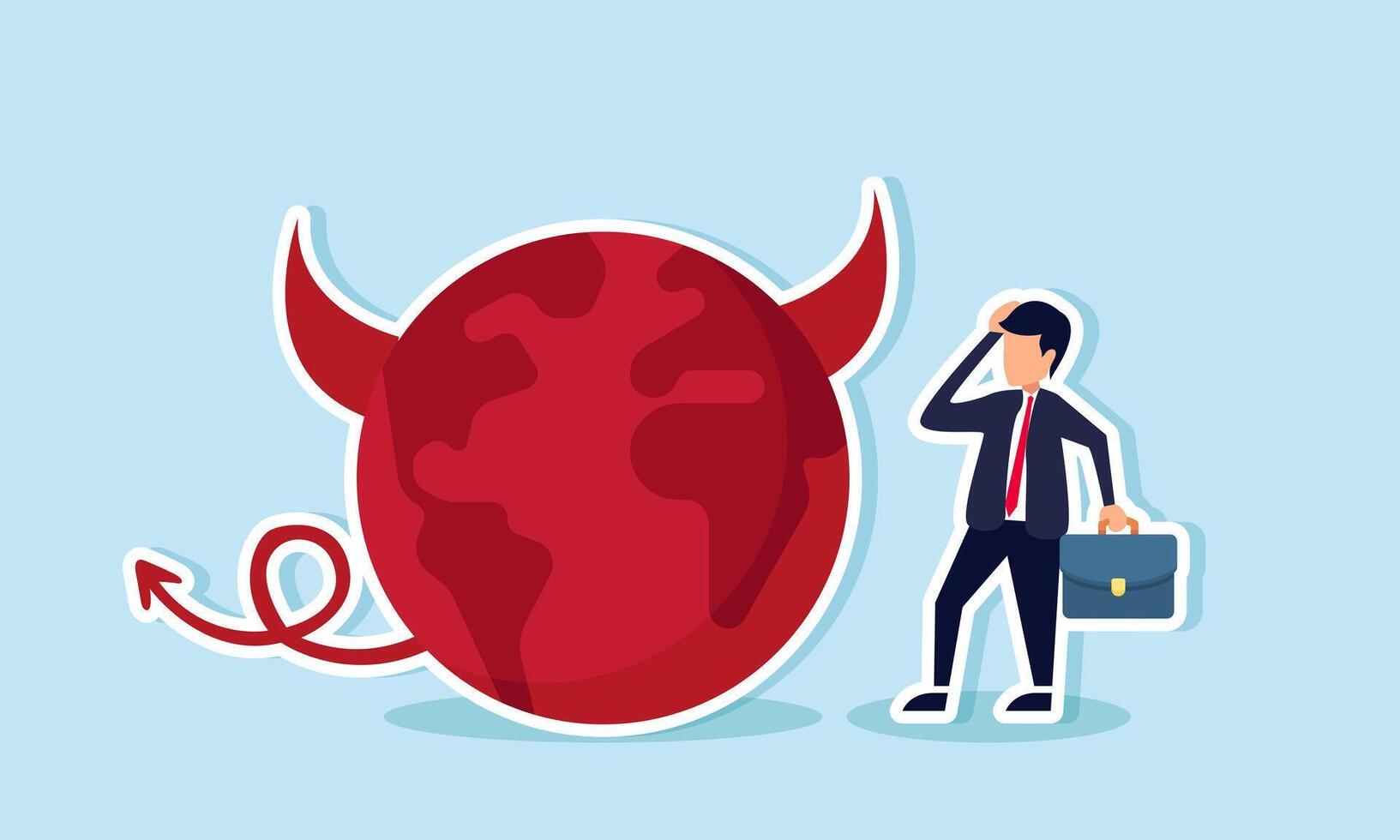 A businessman feels confused with a devilish globe, illustration of the influence of a corrupt business environment pushing towards dishonest practices vector