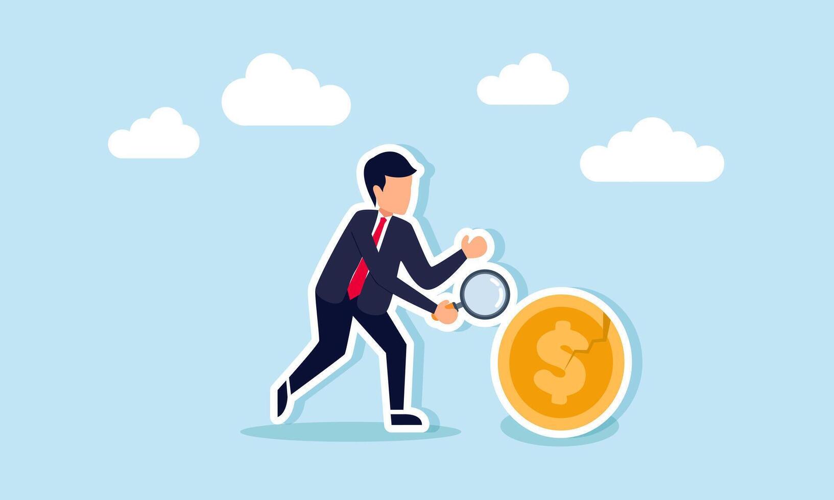 A businessman carries a magnifying glass while examining a cracked dollar coin, illustrating the process of researching and analyzing the causes of the dollar's valuation decline vector