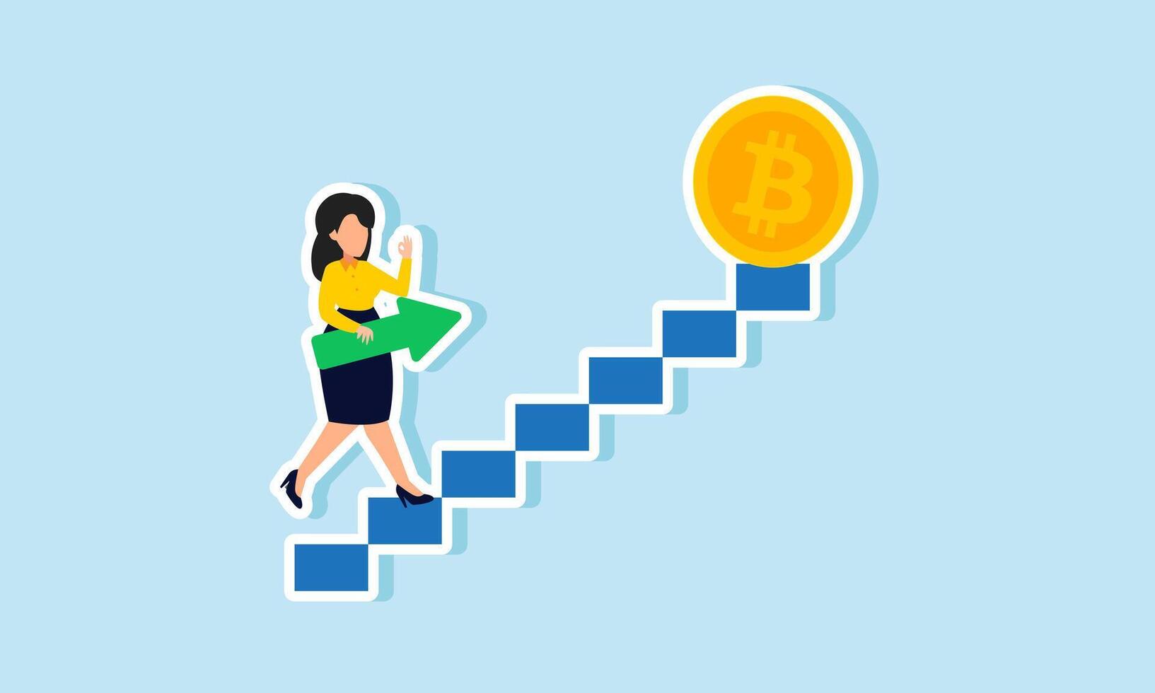 A businesswoman carries an arrow while climbing a ladder leading to Bitcoin, illustrating planning in Bitcoin investment vector
