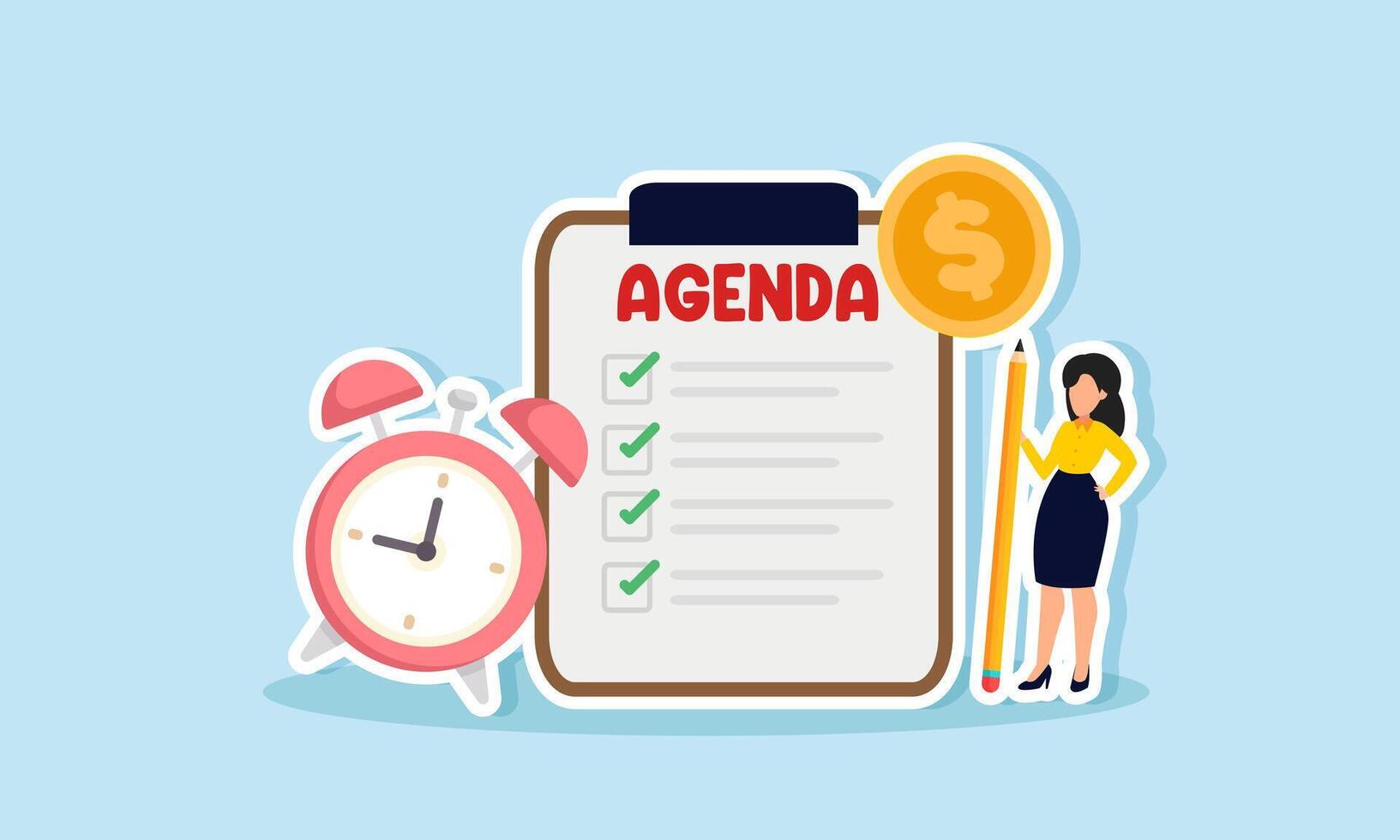 A businesswoman holding a pencil checks off items on her dollar coin agenda, illustration of completing a schedule for company revenue targets vector