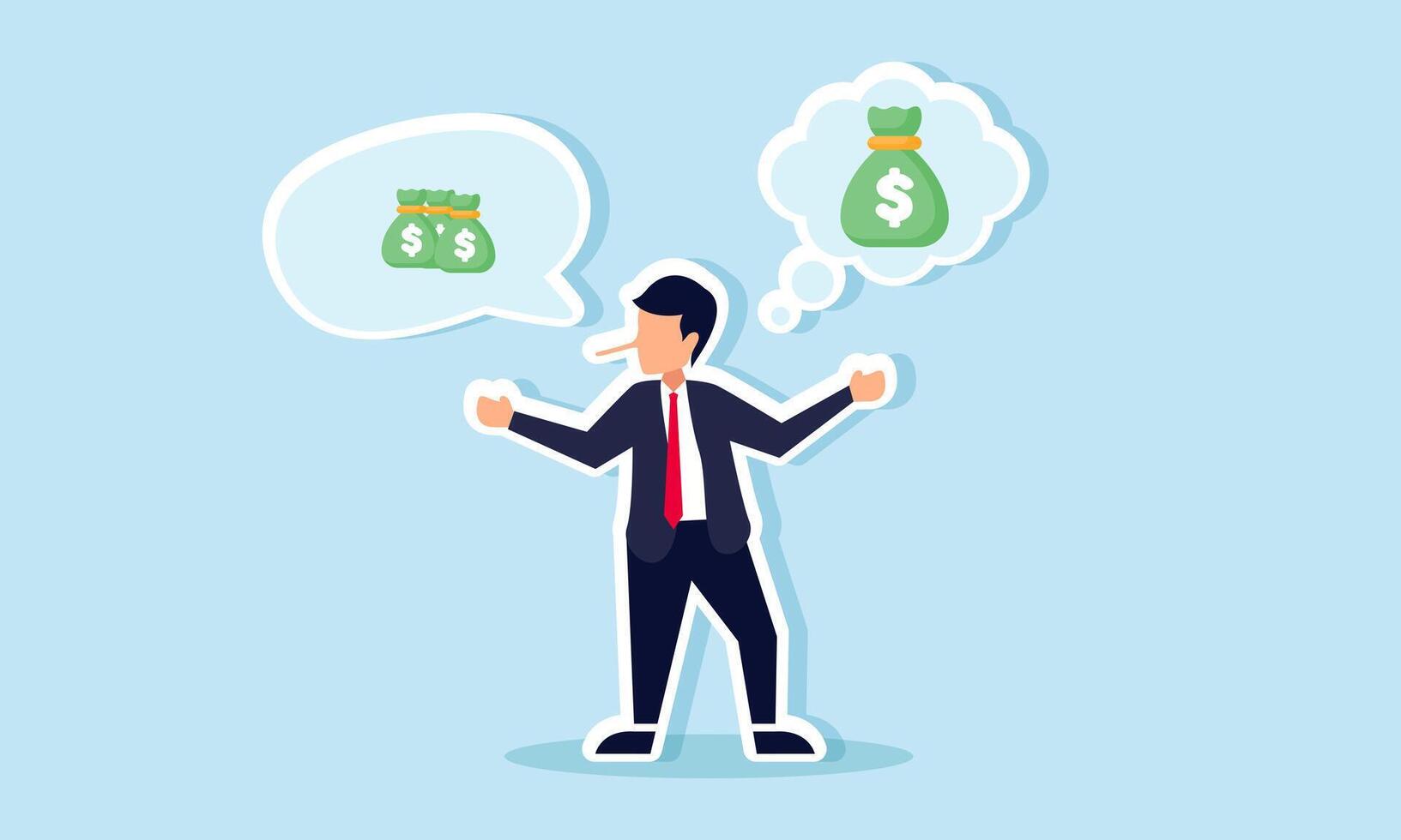 A businessman lies about a small money bag while actually thinking of a large one, illustrating dishonesty in explaining financial concepts vector