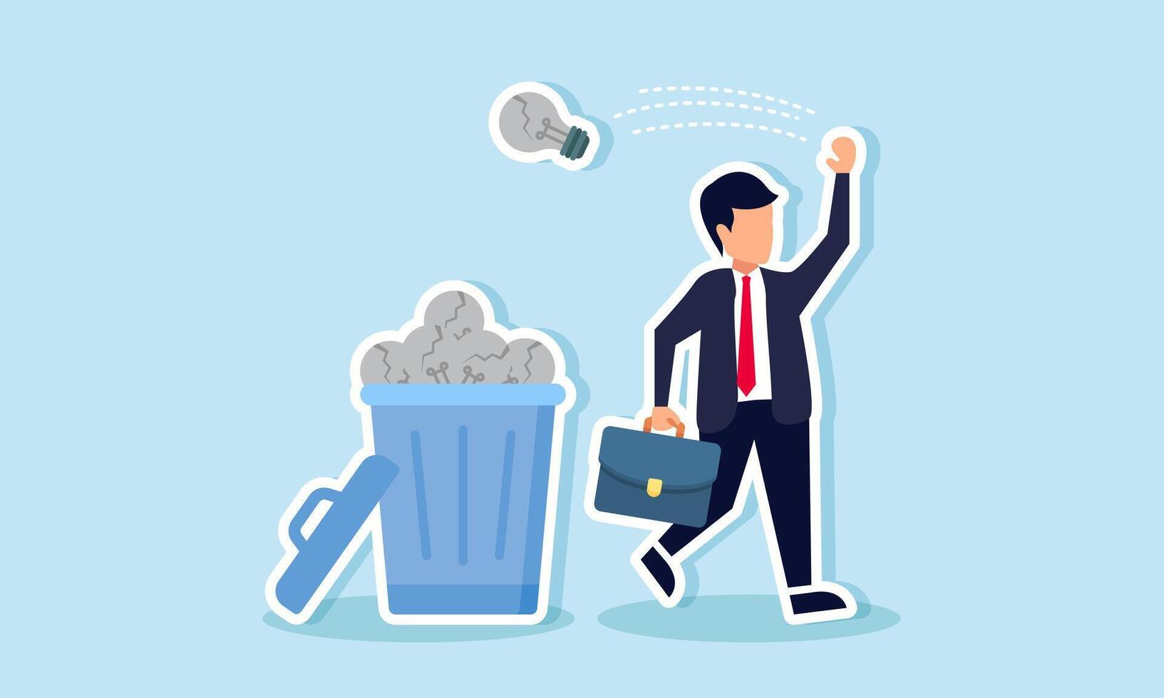 A businessman walks and throws a broken light bulb into a trash bin full of broken bulbs, illustrating discarding ideas that are irrelevant or unusable vector
