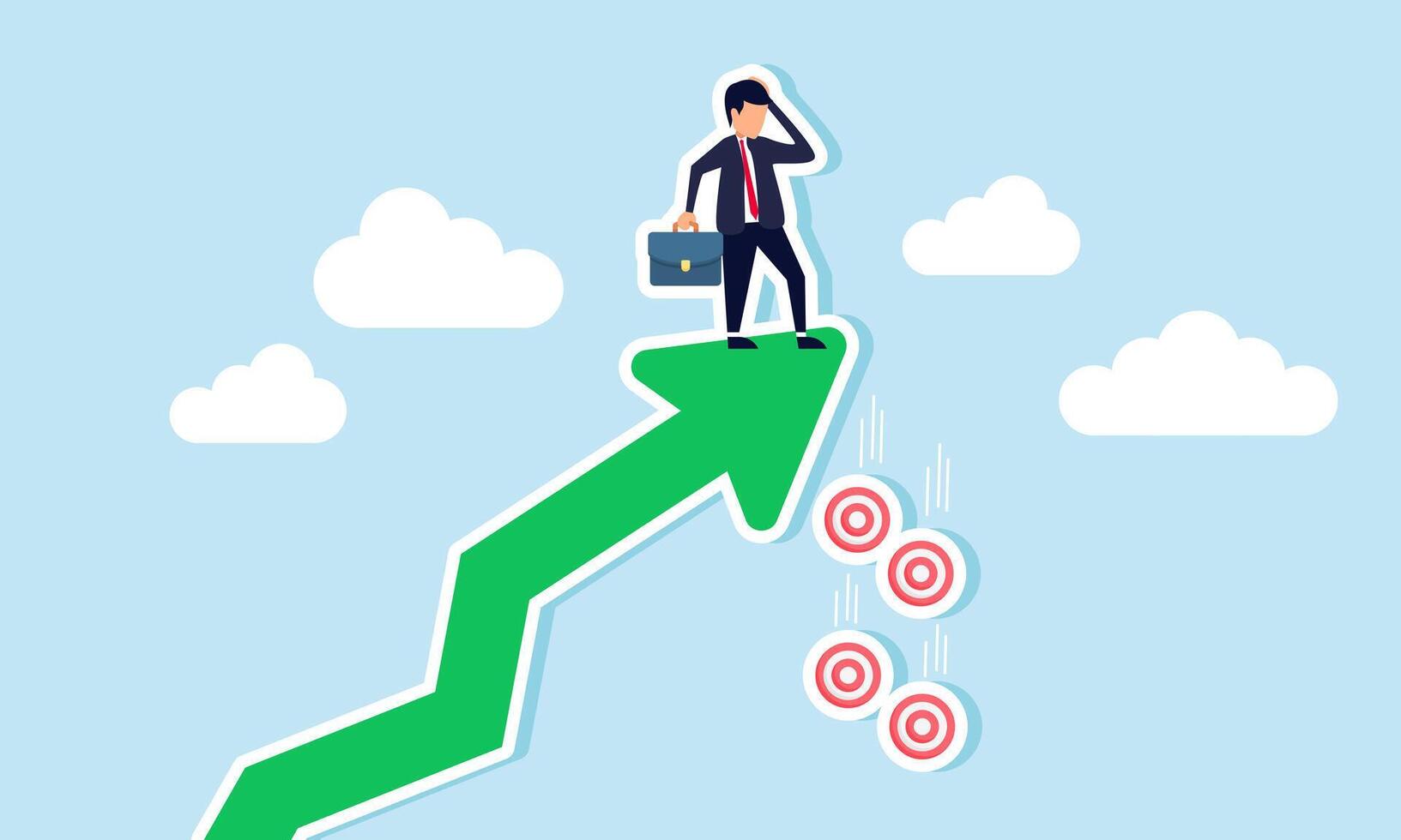 A businessman at the tip of an arrow finds several target boards that have fallen, illustrating negligence in achieving business work targets vector