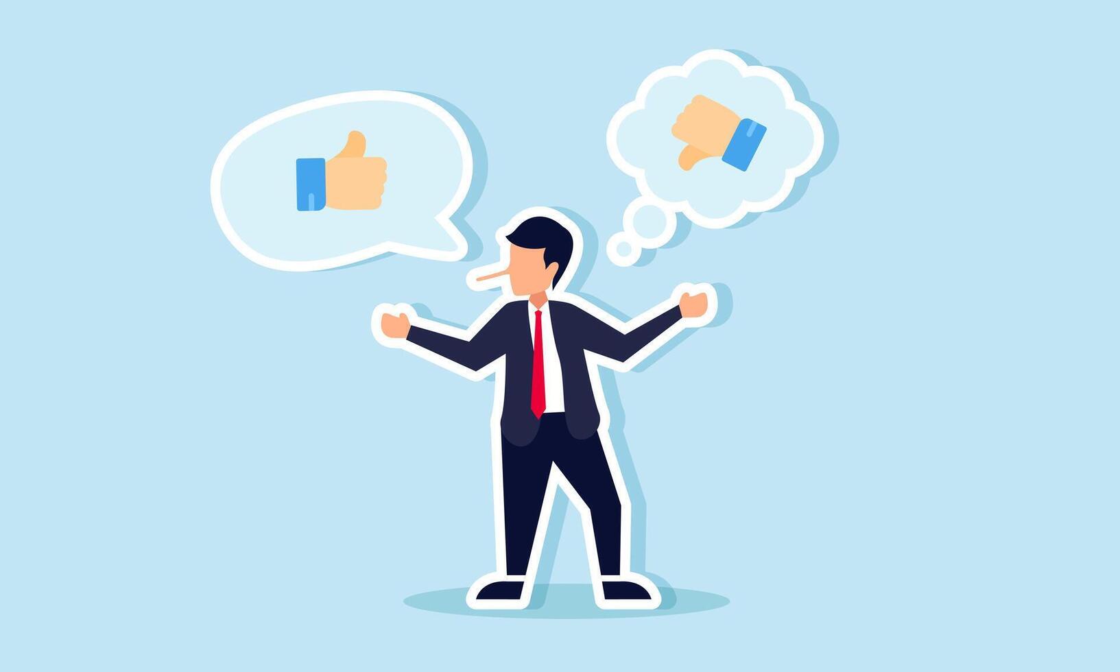 A businessman lies about giving a thumbs-up while actually thinking of a thumbs-down, illustrating dishonesty in expressing appreciation vector