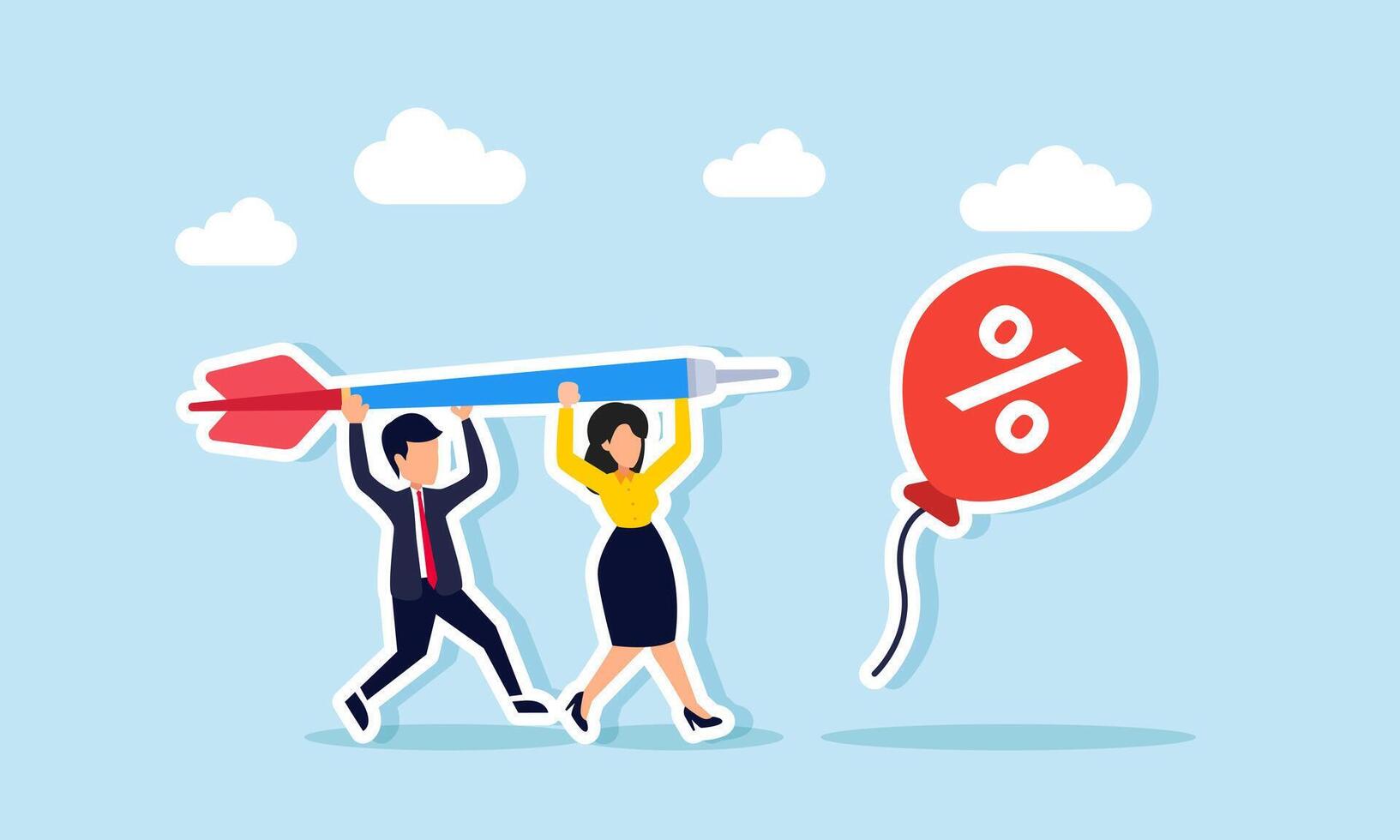 A businessman and businesswoman collaborate to lift an arrow towards a discount balloon, illustrating teamwork in targeting and hunting for price promotions vector