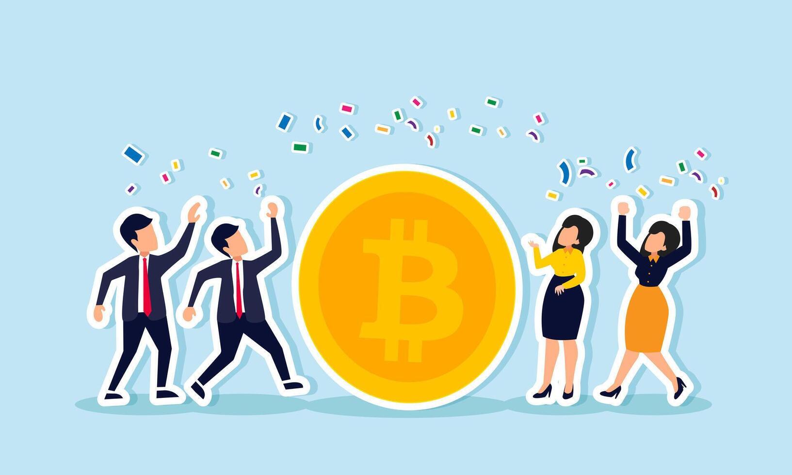 Businesspeople celebrating a giant bitcoin, illustration of success in bitcoin investment methods vector