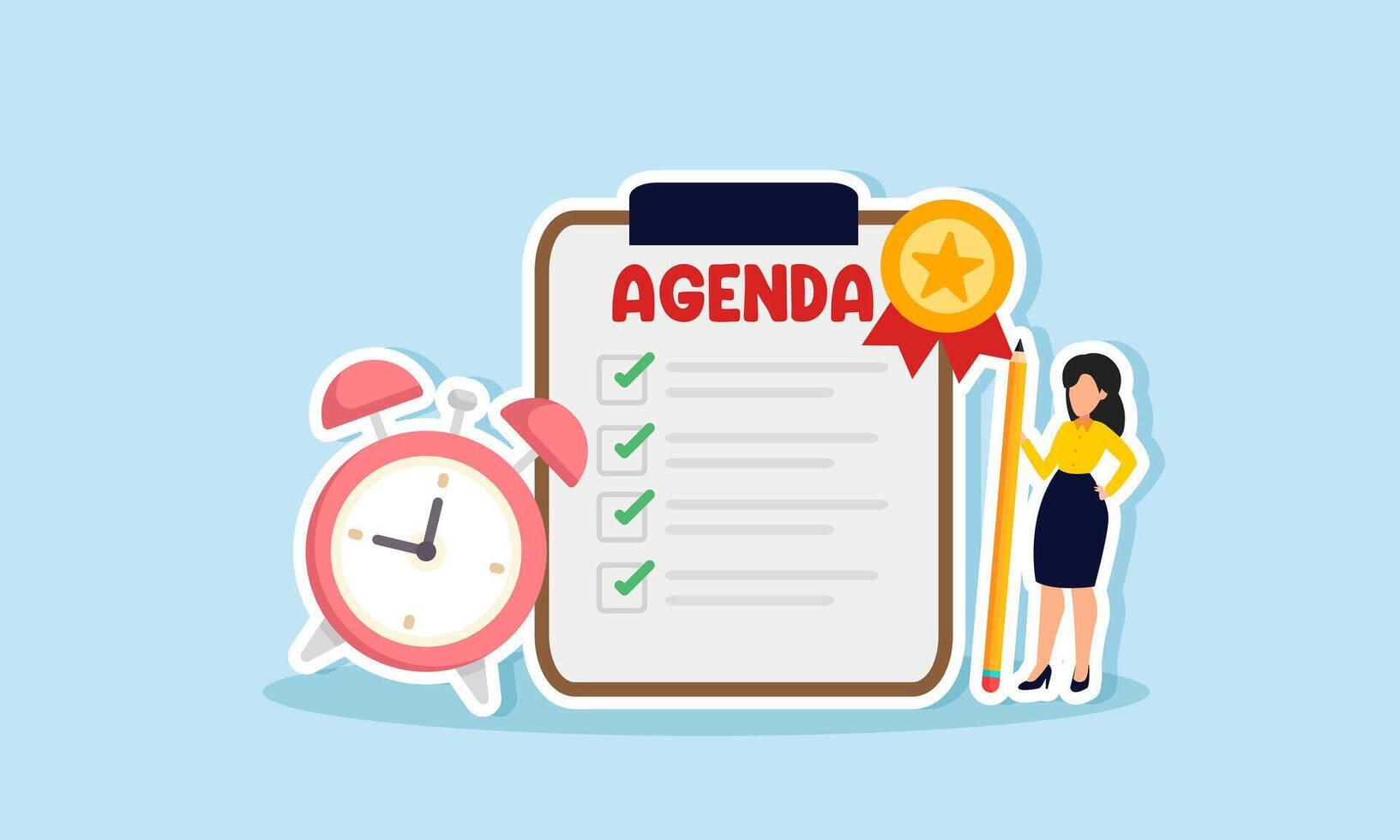 A businesswoman holding a pencil checks off items on her award medal agenda, illustration of completing tasks and receiving accolades for business success vector