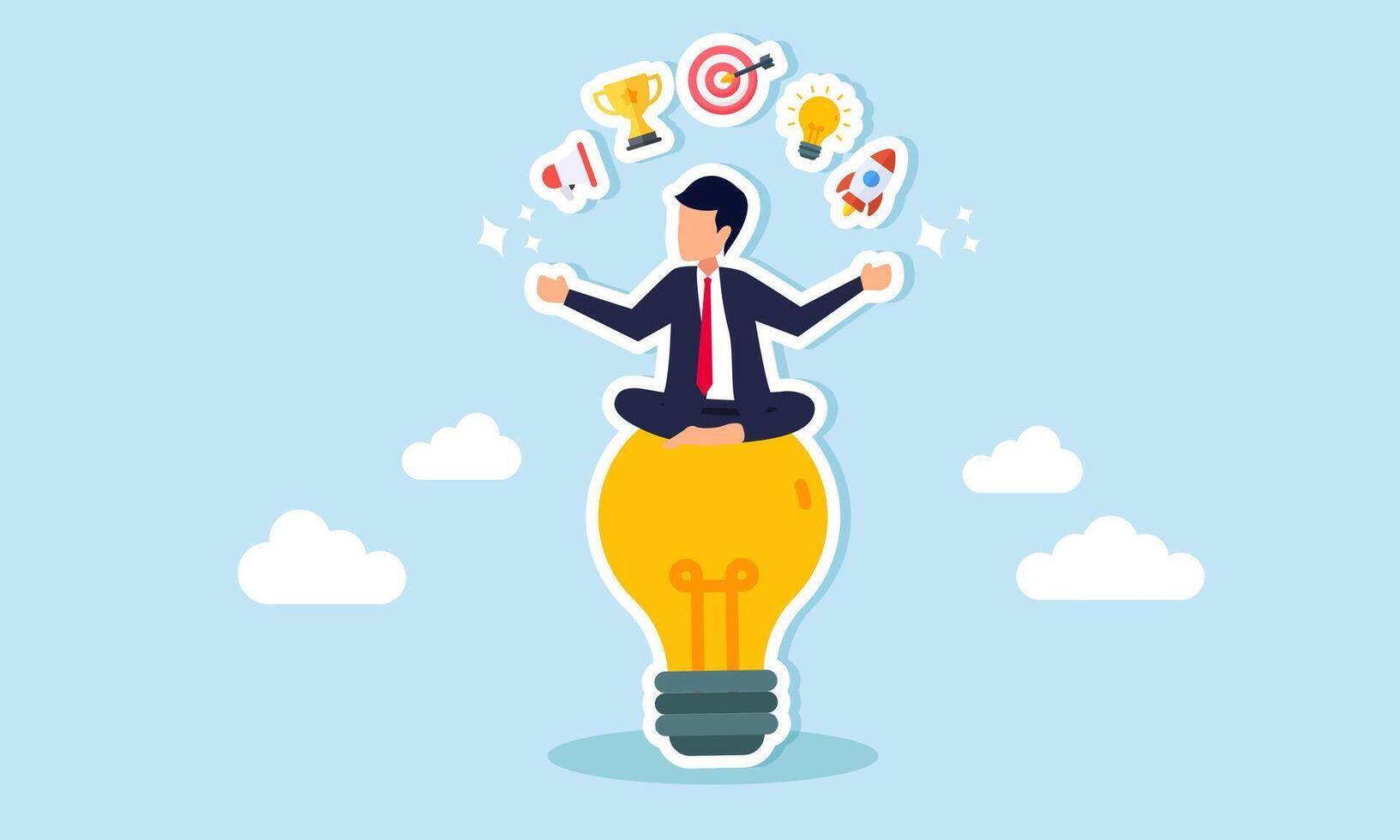 A businessman meditating cross-legged on a lamp surrounded by elements of marketing and promotion, illustration of innovation in business marketing strategy vector