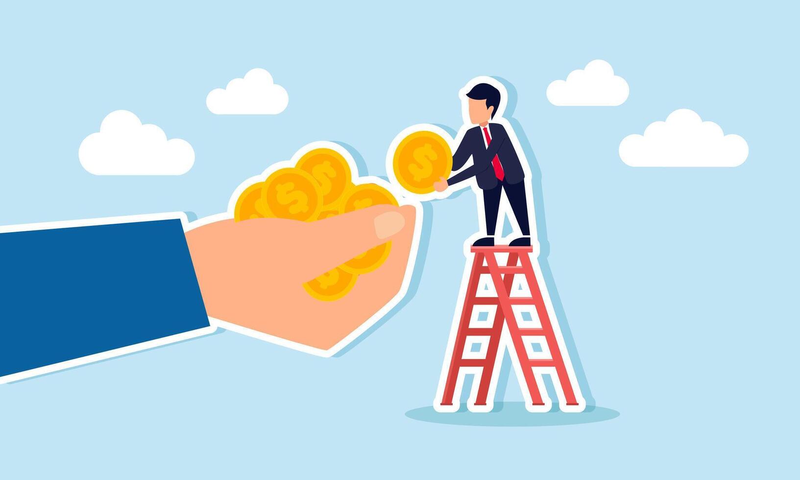 A businessman climbing a ladder, taking a dollar coin from a hand full of dollar coins, illustrating the act of receiving dividends from stock investments vector