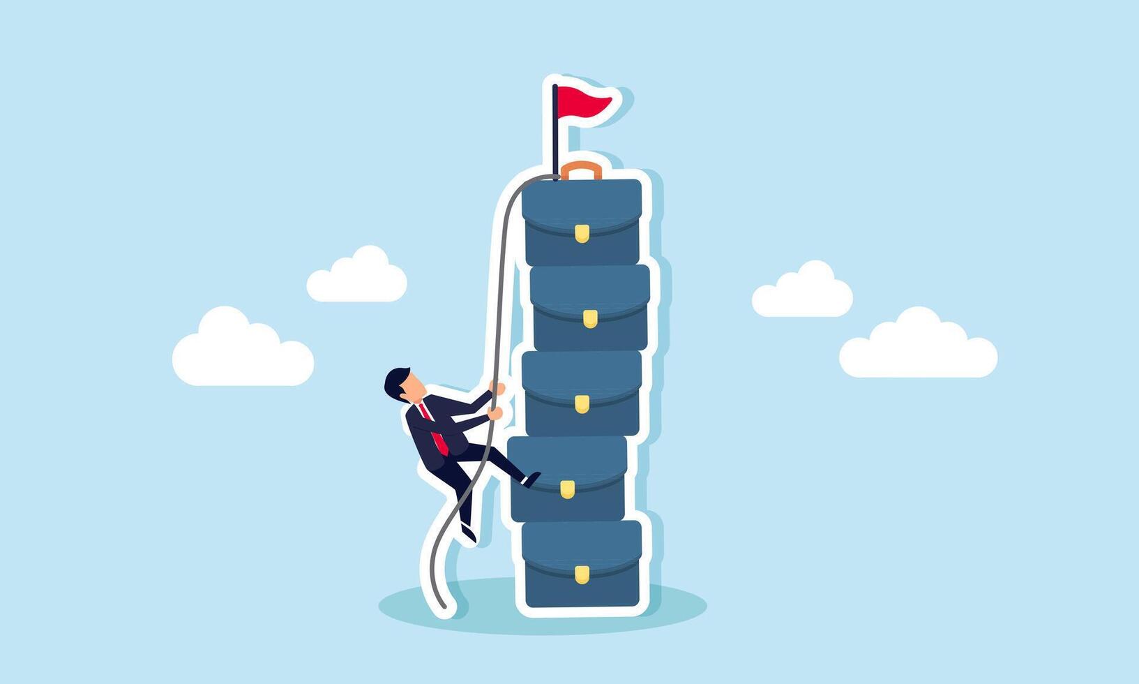 A businessman climbing a stack of briefcases with a rope, illustration of career advancement in progress toward becoming a top-level employee vector