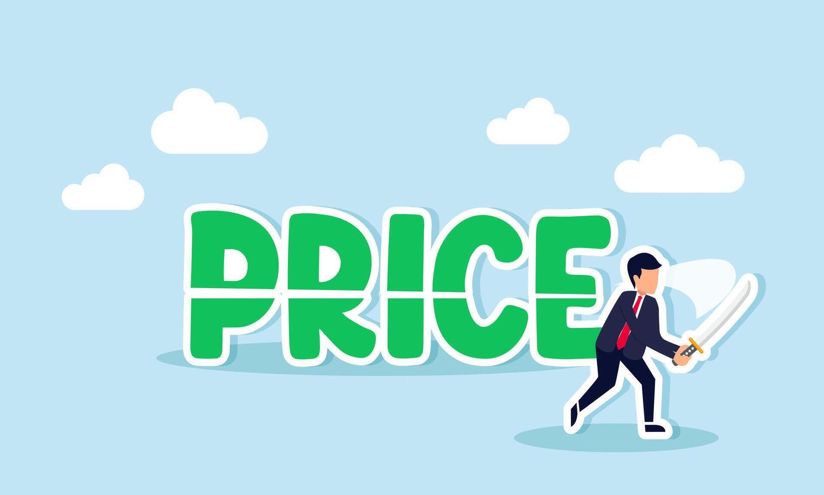 A businessman uses a sword to cut the word PRICE, illustrating a discount or promotional offer for business products vector