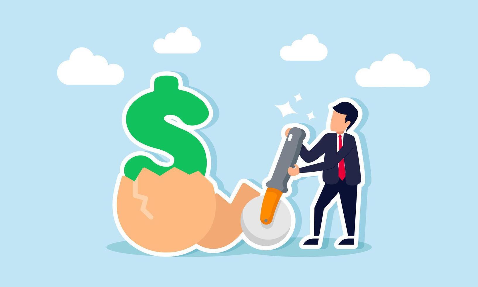 A businessman cutting a dollar sign egg shell with a saw, illustrating breaking free from debt traps and starting financial freedom vector
