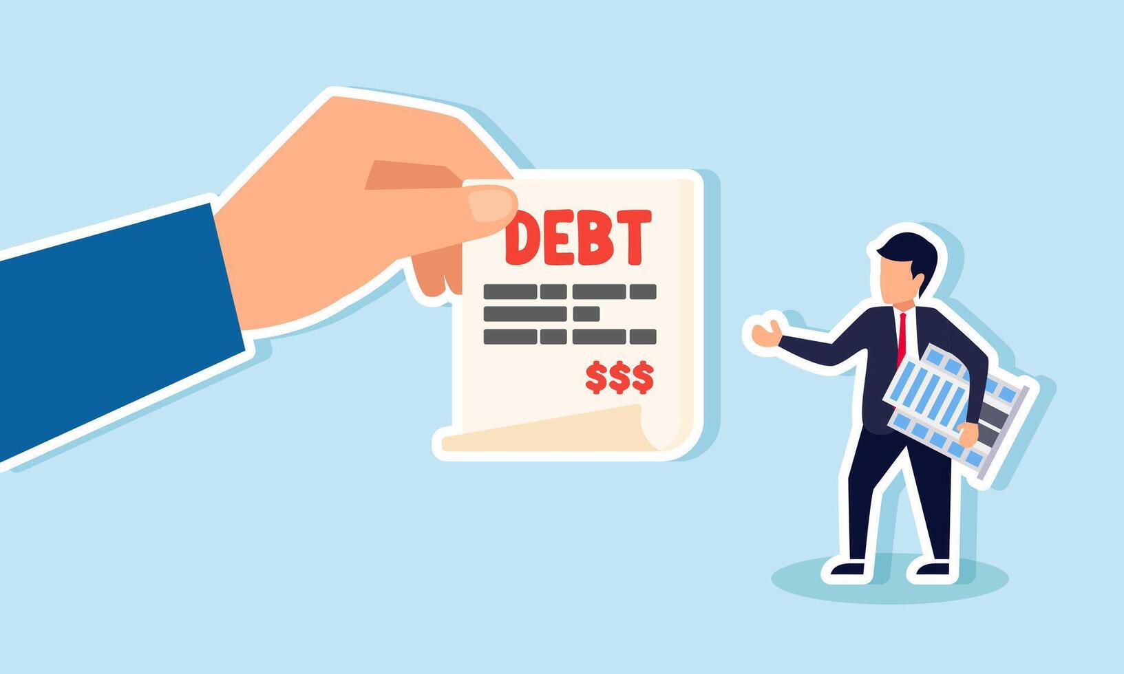 A businessman carrying a company building receives a DEBT bill, illustration of debt collection from a company vector