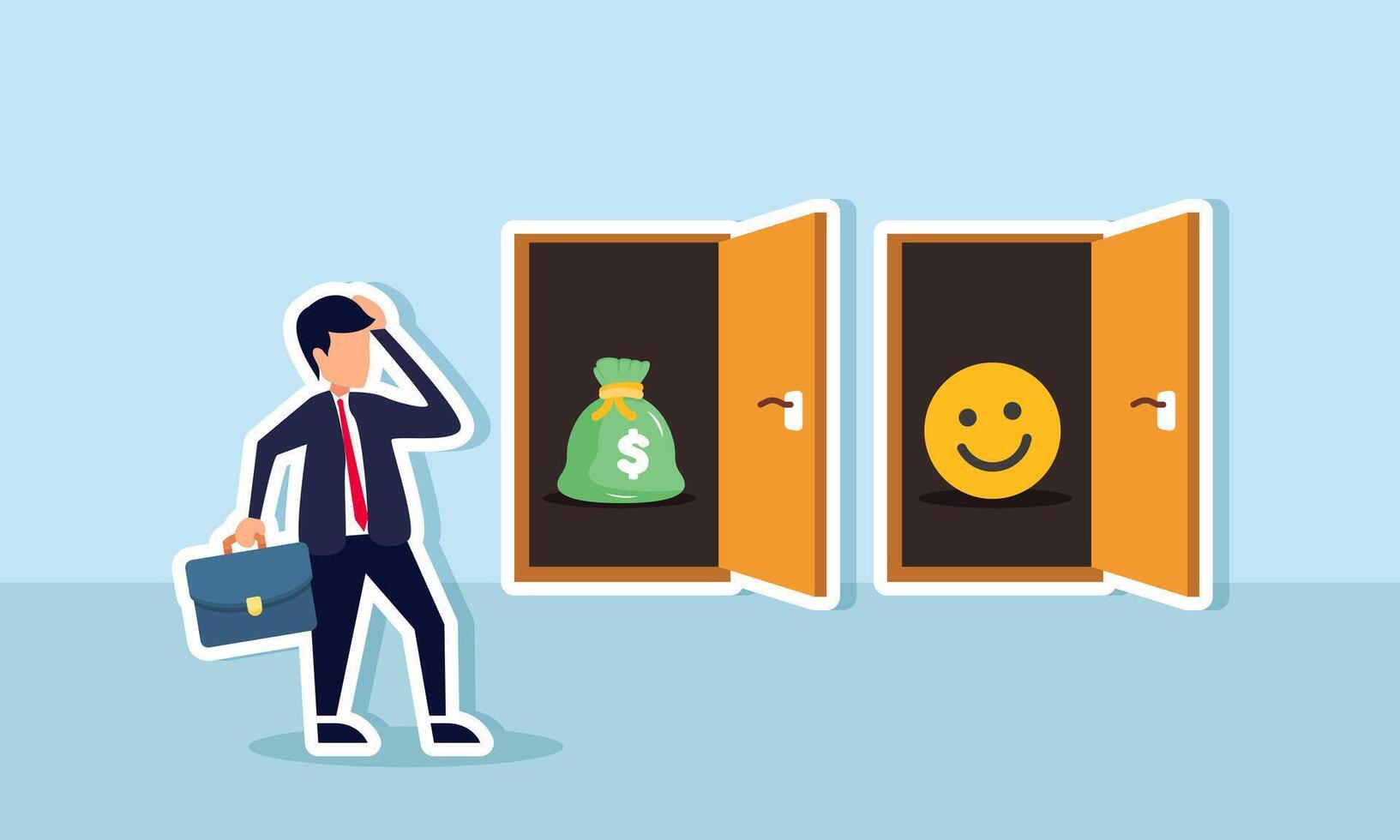 A businessman is confused between two doors, one with a money bag and the other with a smiling emoji, illustration of the dilemma between profit and appreciation or engagement vector