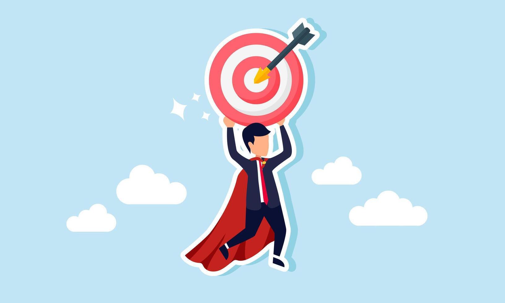 A super businessman is flying while holding a target board, illustration of high-performing employees elevating the company's performance through achieving business targets vector
