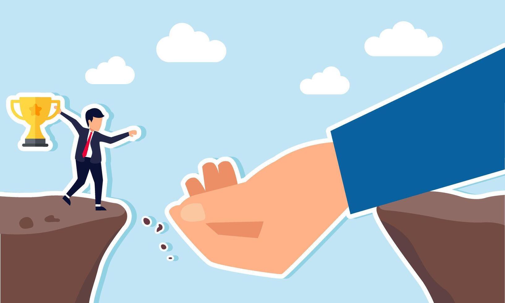 A hand trying to save a businessman holding a trophy at the edge of a cliff, illustration of teamwork in maintaining business reputation vector