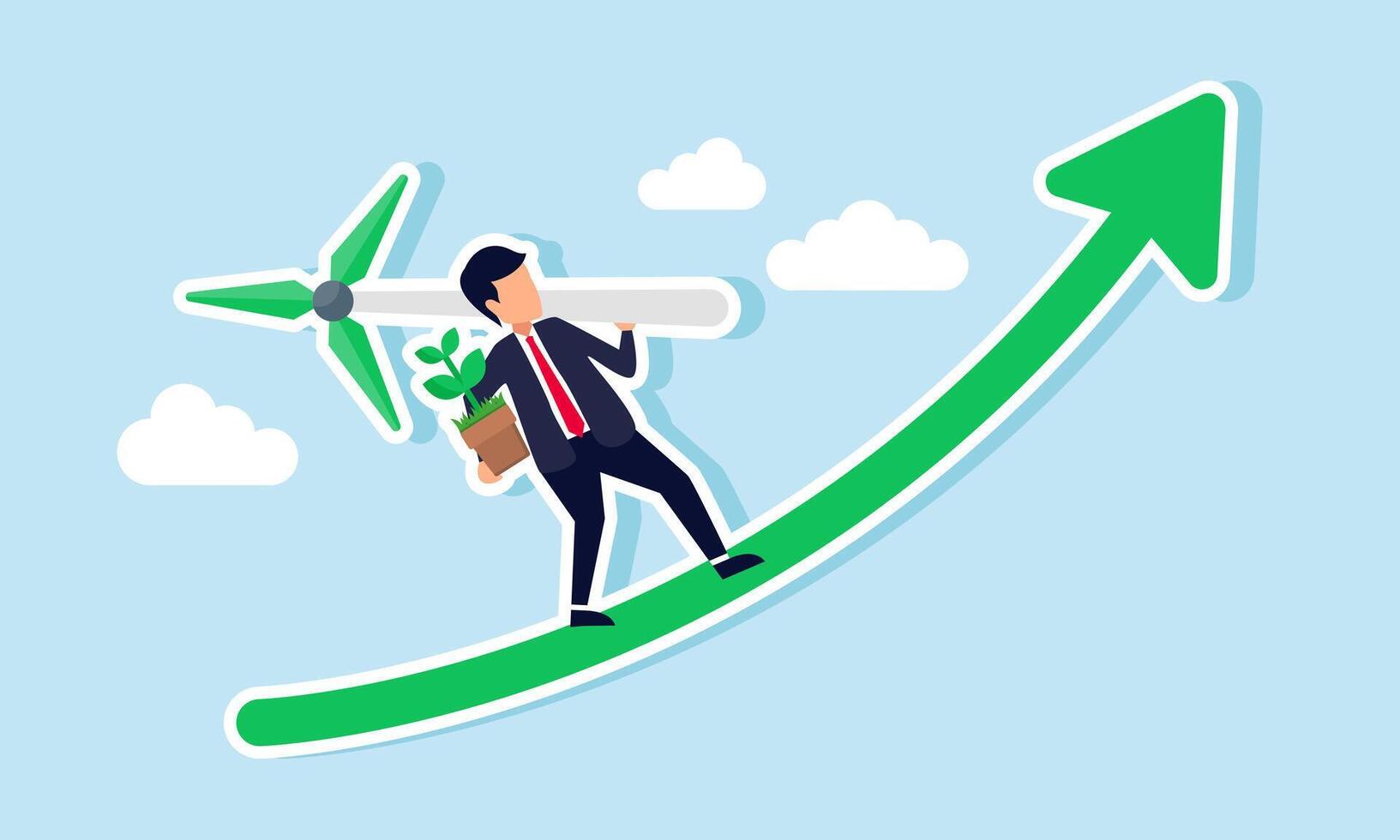A businessman carrying a wind turbine and a plant pot climbs a rising green graph, illustration of a growing business that maintains environmental sustainability vector