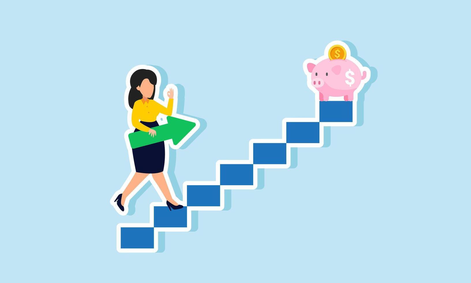 A businesswoman carries an arrow while climbing a ladder leading to a piggy bank, illustrating the investment strategy for keeping assets growing and developing vector