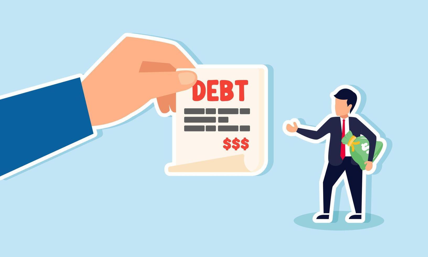 A businessman carrying a company money sack receives a DEBT bill, illustration of debt collection from an individual business vector